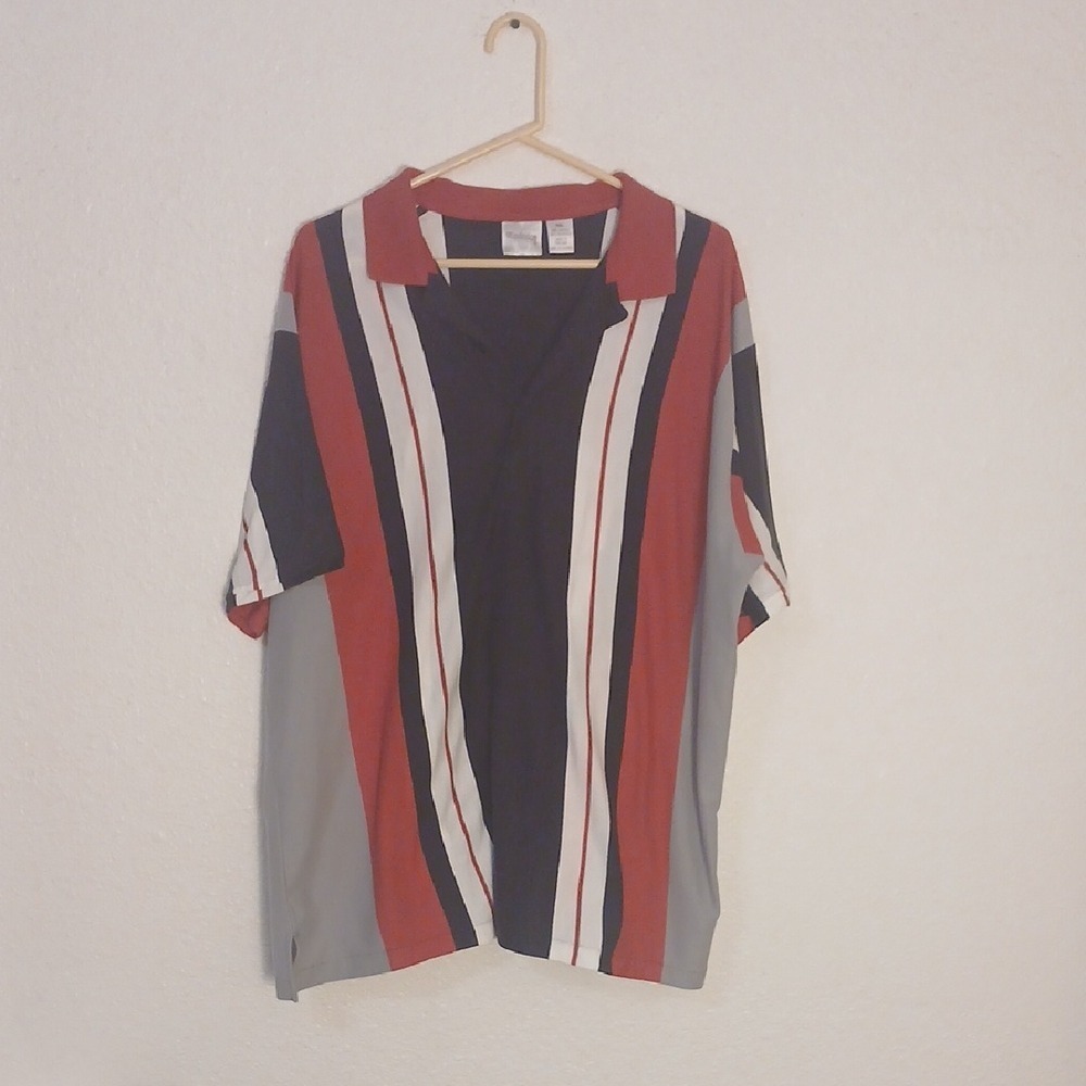 Stylish Men's Button Down Shirt with Red, Black, and Gray Stripes